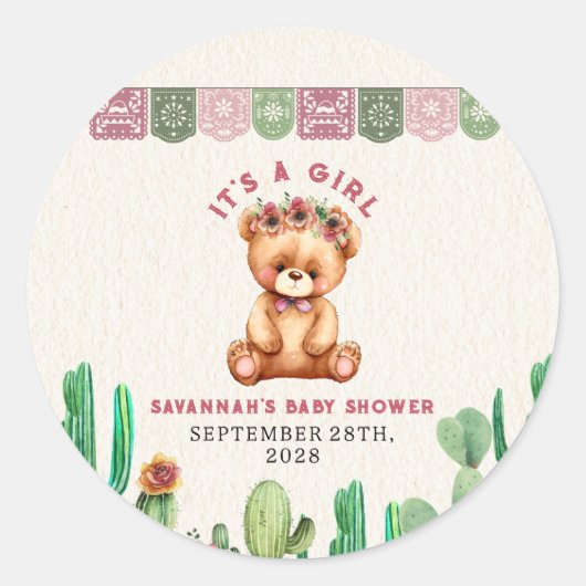 Sticker Rond Teddy Bear Cactus Fille Baby shower Fiesta (Devant)