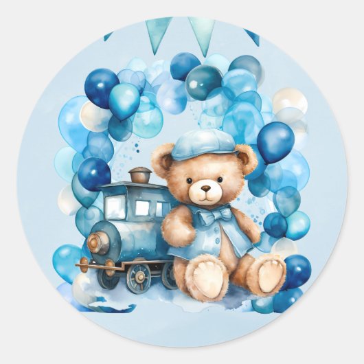 Sticker Rond Teddy Bear Cho Cho Train Boy Baby shower (Devant)