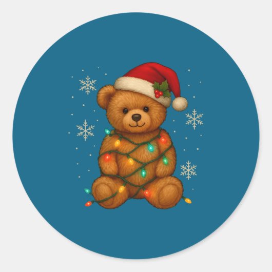 Sticker Rond Teddy Bear Christmas Tree Lights Santa Hat For Bea (Devant)