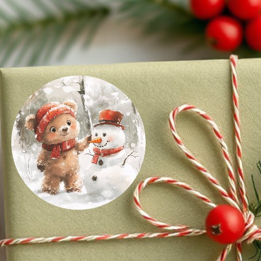 Sticker Rond Teddy Bear et Snowman