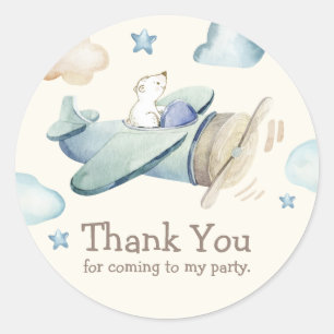 Sticker Rond Teddy Bear Flying Avion Merci Favor