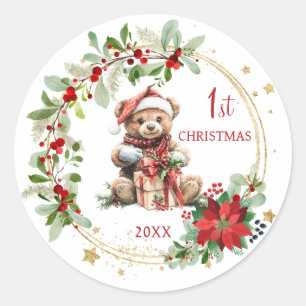 Sticker Rond Teddy Bear Foliage Poinsettia Bébé 1er Noël