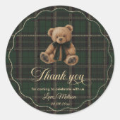 Sticker Rond Teddy Bear Green Tartan Baby Shower (Devant)
