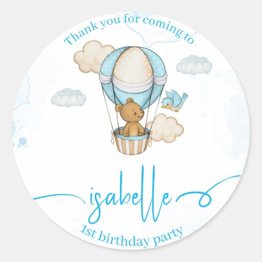 Sticker Rond Teddy Bear Hot Air Balloon fille d'anniversaire au (Devant)