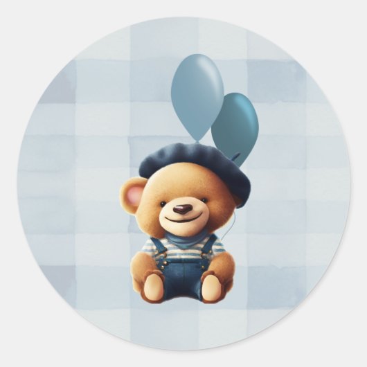 Sticker Rond Teddy Bear Jean Baby shower Bleu (Devant)