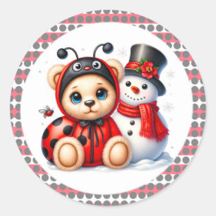 Sticker Rond Teddy Bear Ladybug avec Baby shower Snowman