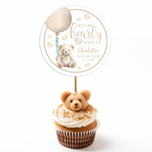 Sticker Rond Teddy Bear On Peut Attendre Brown Baby shower