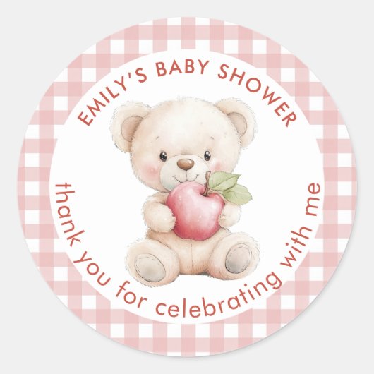 Sticker Rond Teddy Bear Pomme En vichy Baby shower Merci (Devant)