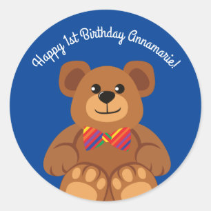 Sticker Rond Teddy Bear Rainbow Cute 1ère fête anniversaire