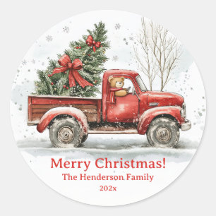 Sticker Rond Teddy Bear Vieux Camion Rouge Vintage Noël