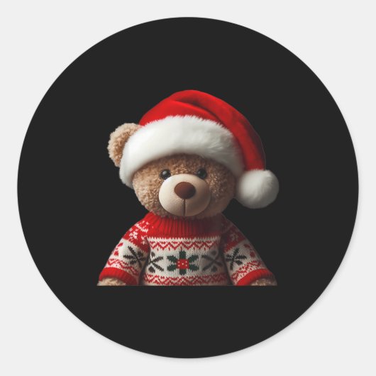 Sticker Rond Teddy Bear With Santa Hat Christmas Xmas Lover Kid (Devant)