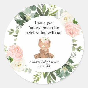 Sticker Rond Teddy ours baby shower floral rose merci