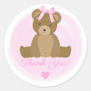 Sticker Rond Teddy Ours mignonette Baby shower rose Bow Merci C