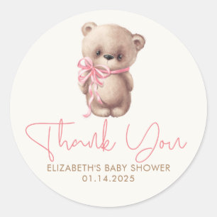 Sticker Rond Teddy Ours mignonne rose Baby shower Brown Merci