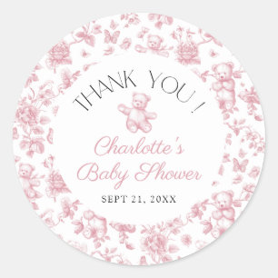 Sticker Rond Teddy Ours rose Toile fille Merci Baby shower