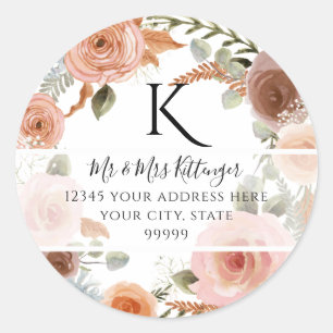 Sticker Rond TEMPLATE Monogramme Adresse de Retour Floral Fardé