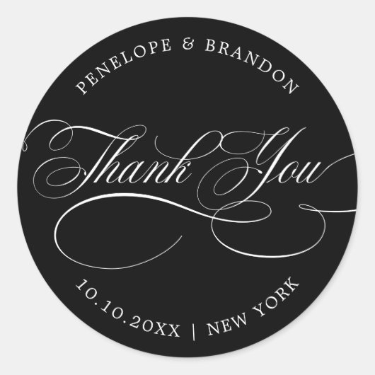 Sticker Rond Temps de calligraphie moderne noir mariage merci (Devant)