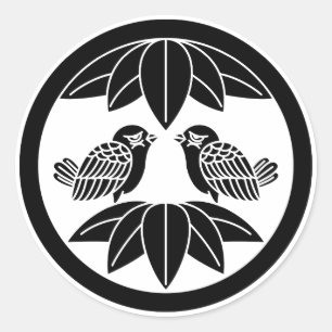 Sticker Rond Ten bamboo leaves & facing sparrows in circle