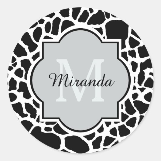 Sticker Rond Tendance Black White Giraffe Imprimer Nom Monogram (Devant)