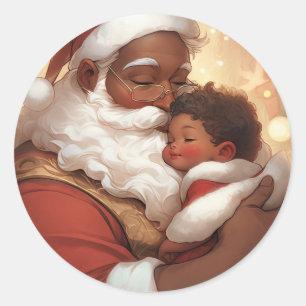 Sticker Rond "Tender Moments : Père Noël noire avec bébé dorman