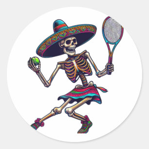 Sticker Rond Tennis Skeleton Mexicain Sombrero Cinco De Mayo Te
