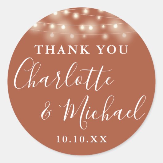Sticker Rond Terracotta Chaîne Lights Mariage Favor Merci (Devant)