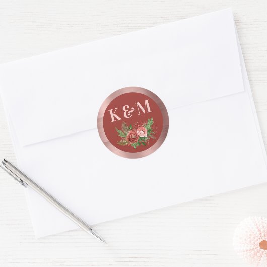 Sticker Rond Terracotta Floral Blush Rose Monogramme de Noël