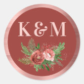Sticker Rond Terracotta Floral Blush Rose Monogramme de Noël (Devant)