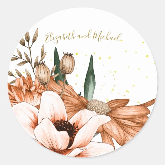 Sticker Rond Terracotta Floral Gold Élégant Mariage chic (Devant)
