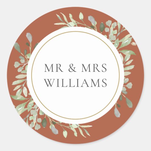 Sticker Rond Terracotta Greenery MR & MRS Mariage (Devant)