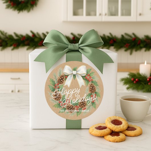 Sticker Rond Terrain Décembre Classé Avec Aquarelle Bow Blanche