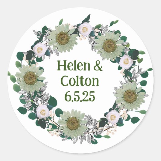 Sticker Rond Terrain vert rustique Mariage Floral Wreath (Devant)