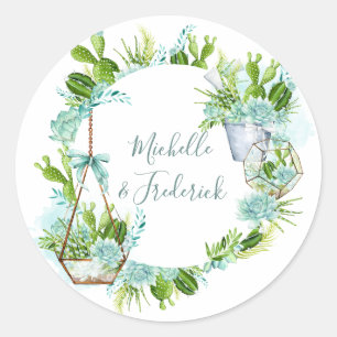 Sticker Rond Terrarium de verre à l'aquarelle Succulents Mariag