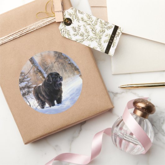 Sticker Rond Terre-Neuve Laissons neiger Noël (Cadeaux)