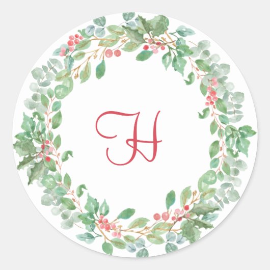 Sticker Rond Terre verte rustique Wreath Rouge Monogramme Noël (Devant)