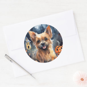 Sticker Rond Terrier Australien Halloween avec citrouilles effr