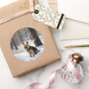 Sticker Rond Terrier Silky Laissez Tomber la Neige de Noël 