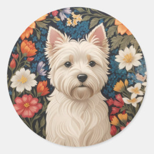 Sticker Rond Térrier West Highland élégant Fleur floral coloré