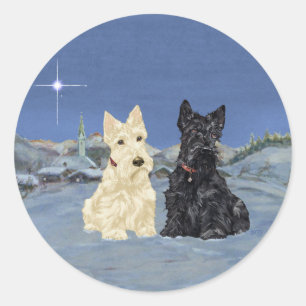 Sticker Rond Terriers écossais noirs et roux hiver