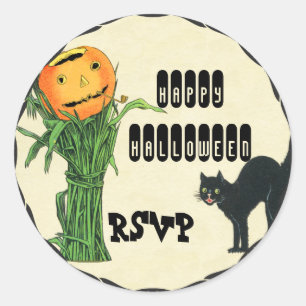 Sticker Rond TÊTE DE CITROUILLE D'HALLOWEEN Épi de maïs et chat