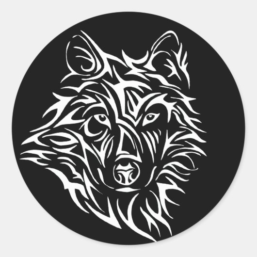 Sticker Rond Tête de loup blanc sur noir (Devant)