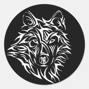 Sticker Rond Tête de loup blanc sur noir