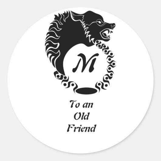 Sticker Rond Tête de loup noir tribal Silhouette Laurel Monogra (Devant)