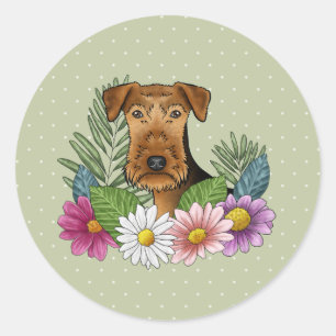 Sticker Rond Tête de Terrier Airedale Fleurs Sauvages Colorées
