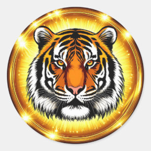Sticker Rond Tête de Tigre Majestueux Néon Lumineux Doré 🐅