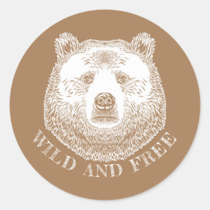 Sticker Rond Tête D'Ours, Sauvage Et Libre, Illustration Dessin