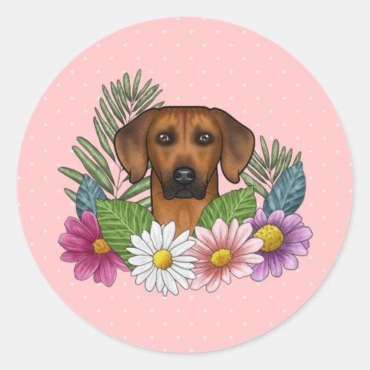 Sticker Rond Tête Rhodésienne Ridgeback Fleurs Colorées Sur Ros (Devant)