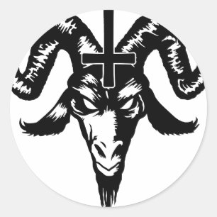 Sticker Rond Tête satanique de chèvre avec la croix (noir)