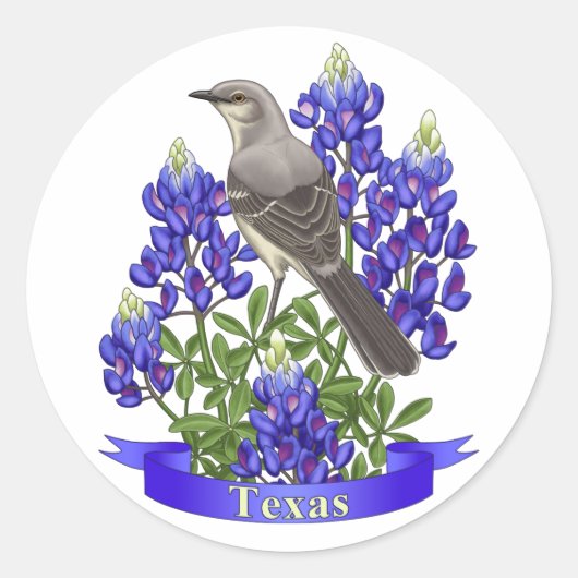 Sticker Rond Texas State Mockingbird & Bluebonnet Flower (Devant)