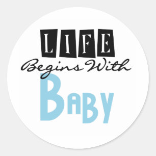 Sticker Rond Texte Bleu/Noir La Vie Commence Avec Bébé